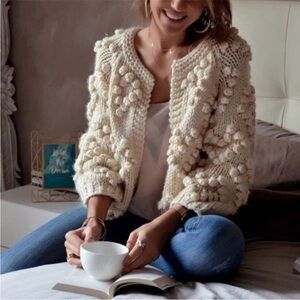Chicwish Ivory Chunky Popcorn Heart Bubble Knit Long Sleeve Sweater Cardigan